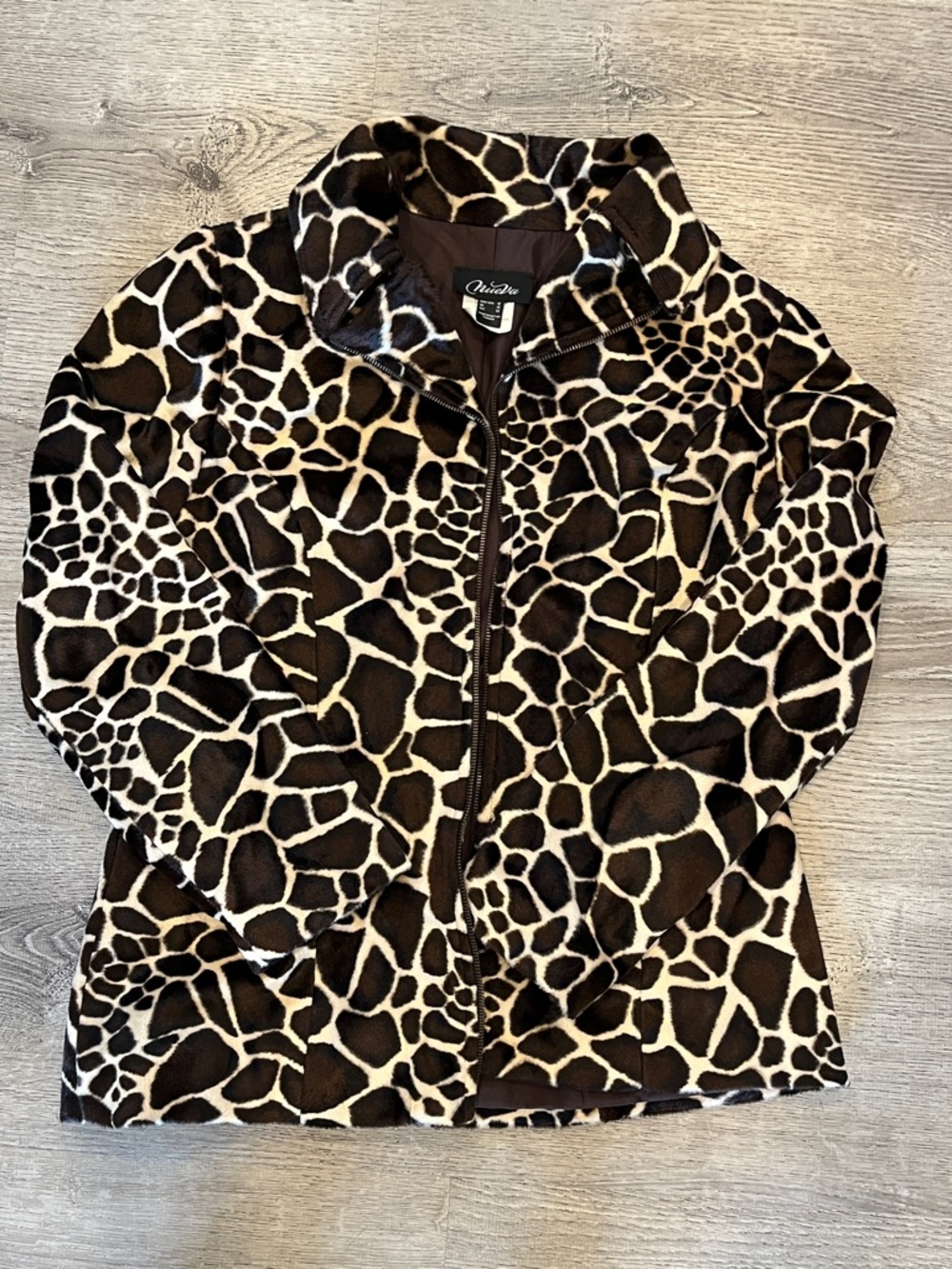 Nueva Giraffe-Print Faux Fur Zip Front Teddy Jacket - Brown & Cream Size 12